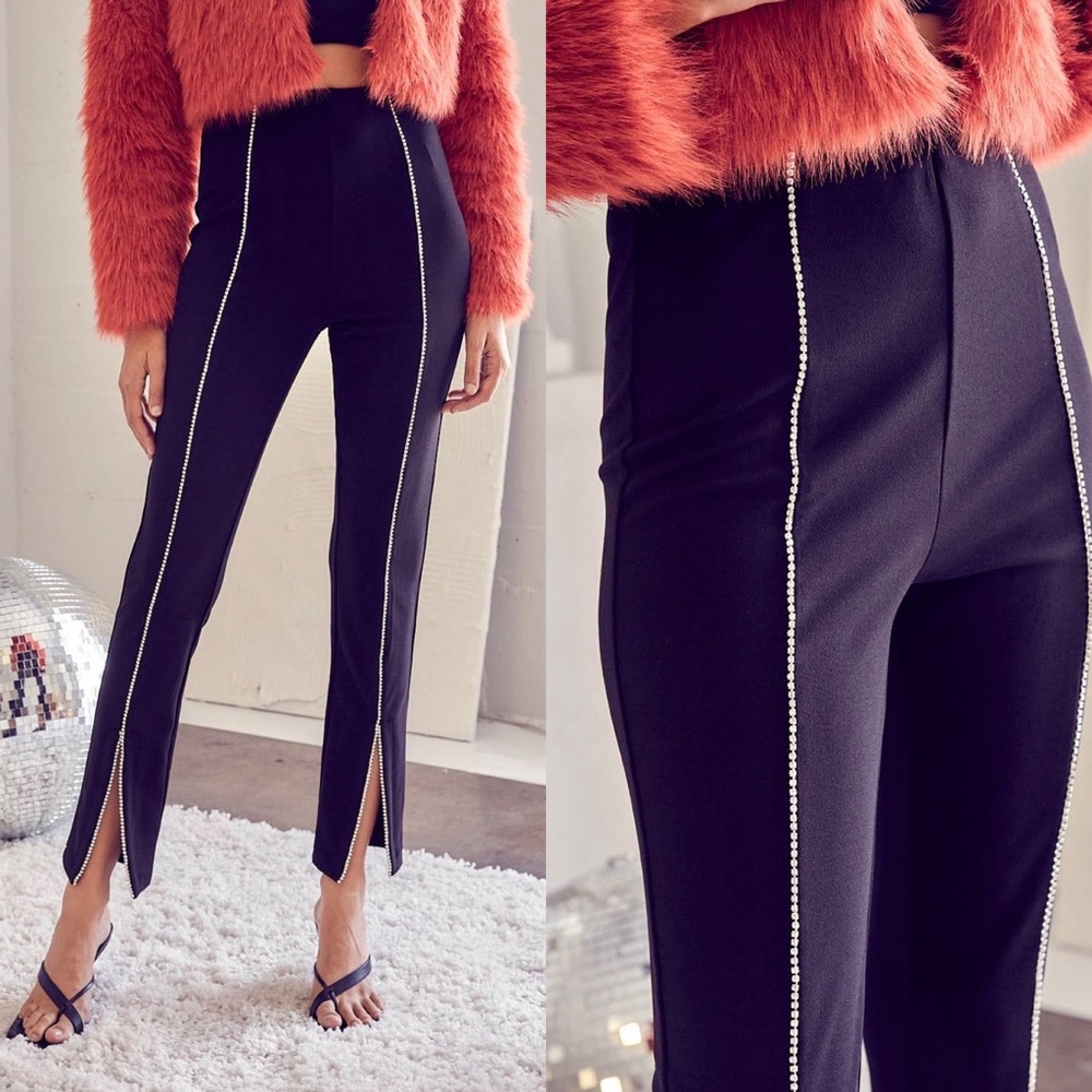 Do + Be Rhinestone Chain Detail Slit Hem Flare Leg Pants.